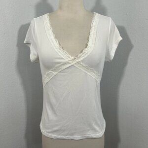 Just Polly Top Womens XL White Babydoll Lace Trim Ribbed Festival Coquette Y2K